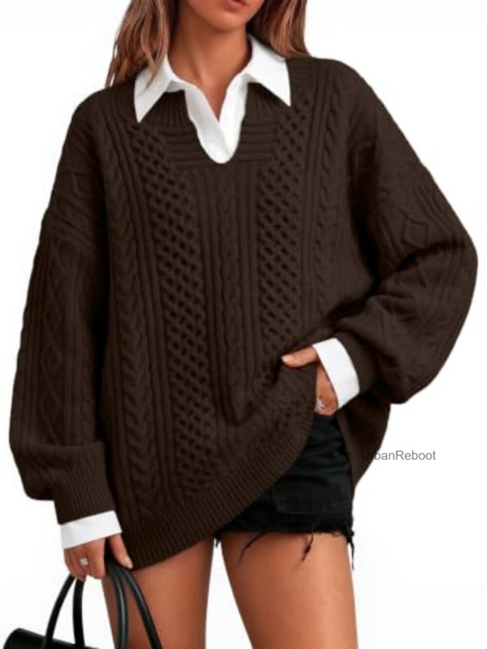 Oversized Cable Knit V-Neck Pullover Sweater Dropped Shoulder Ribbed Trim